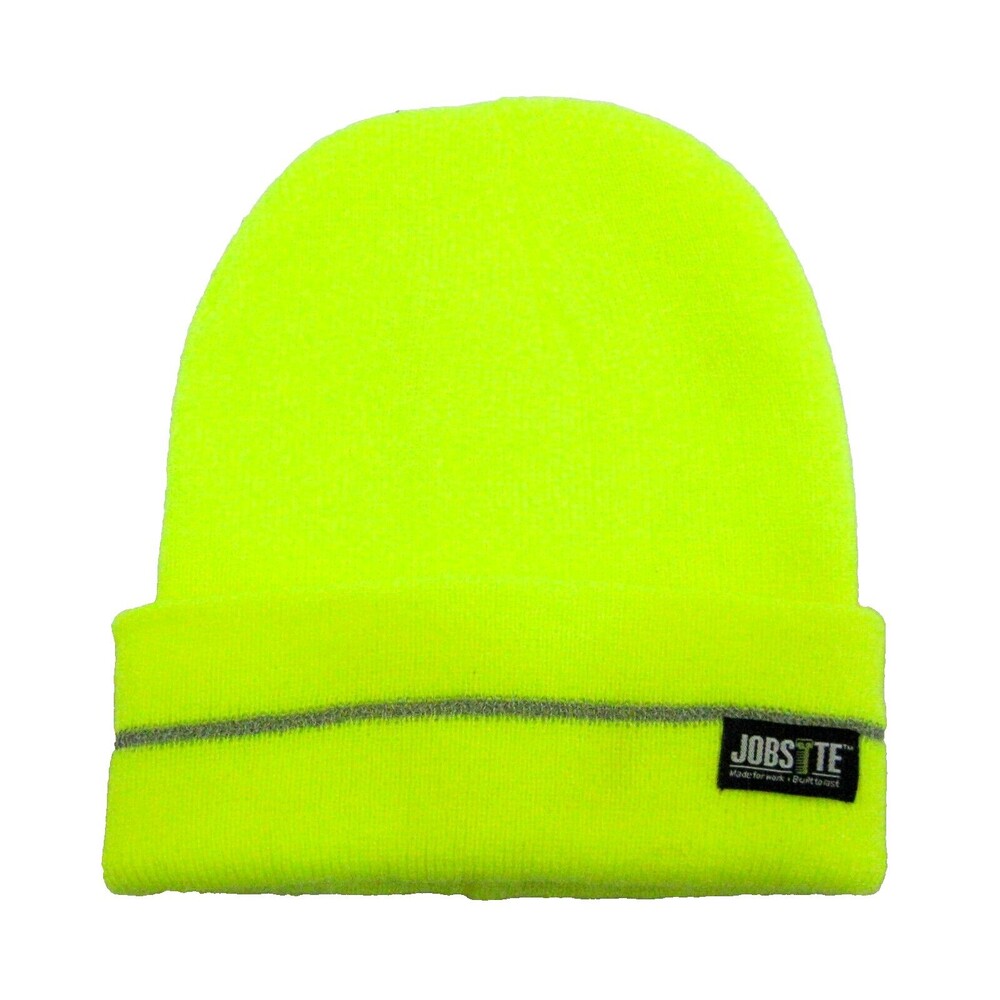New JOBSITE Men's Neon Yellow Safety Hat Adult Knit Beanie Reflective Stripe